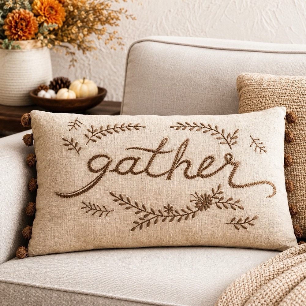 Pottery Barn Gather Lumbar Pillow Cover 16x26 Embroidered Fall Thanksgiving